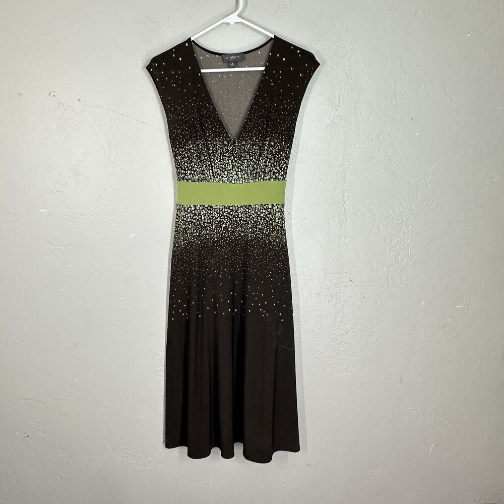 Liz Claiborne Dress 6 Brown Green Stretch Dotted Tie Belt Sleeveless V-Neck